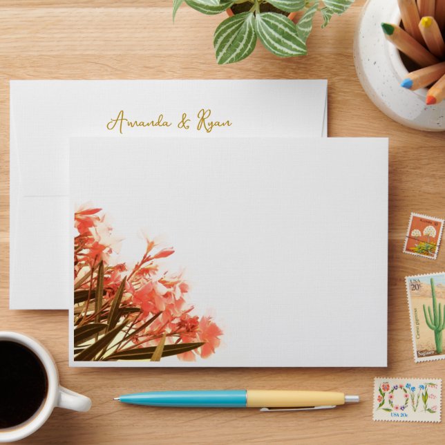 Orange Oleander Tropical Flowers Wedding  Envelope (Desk)