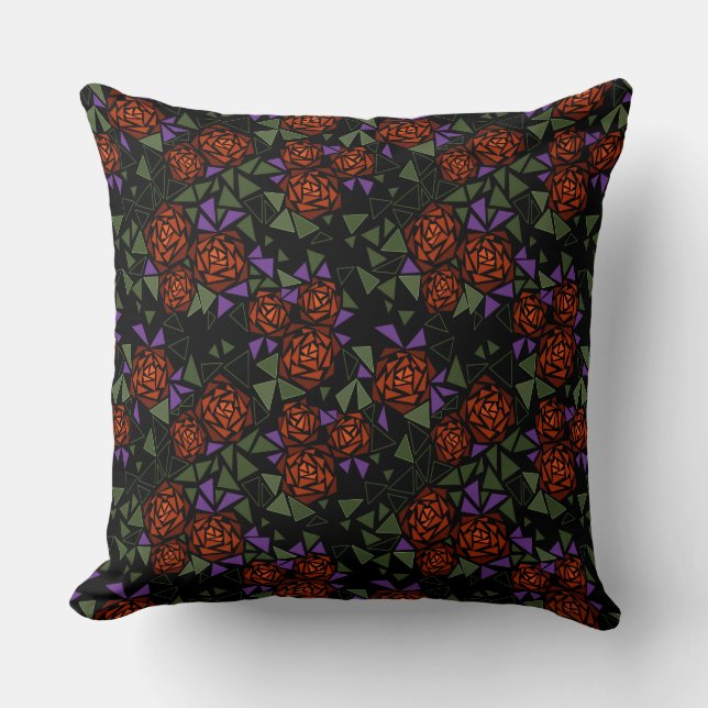 orange olive black mosaic floral pattern retro cushion (Front)