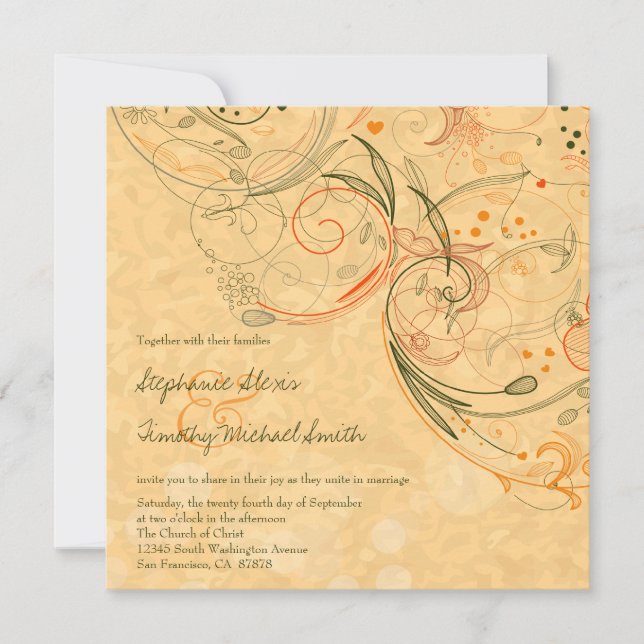 Orange + olive floral swirls wedding invitation (Front)