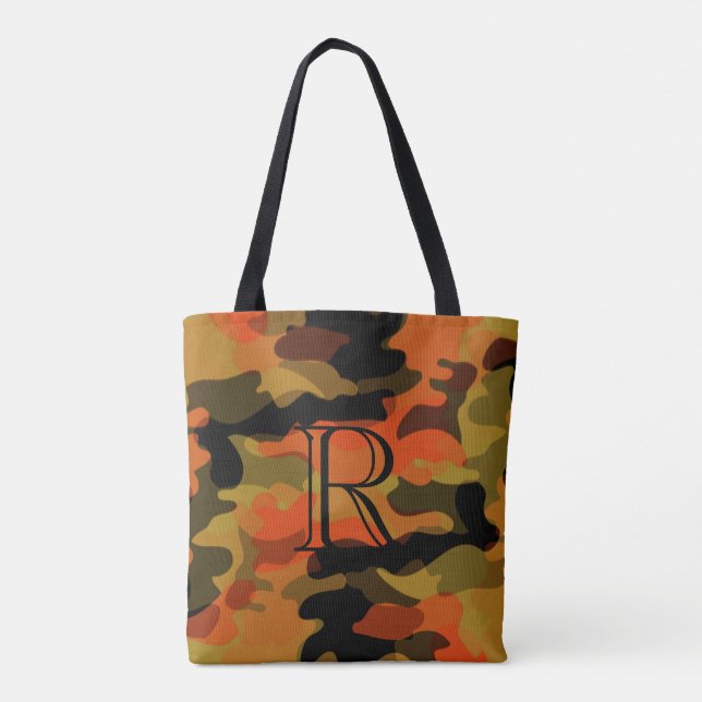Orange Olive Gold Camouflage Pattern with Monogram Tote Bag (Back)