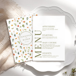 Orange Olive Green Floral Rustic Wedding Menu Card