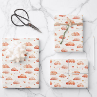 Orange Ombre Clouds & Stars Wrapping Paper Sheet