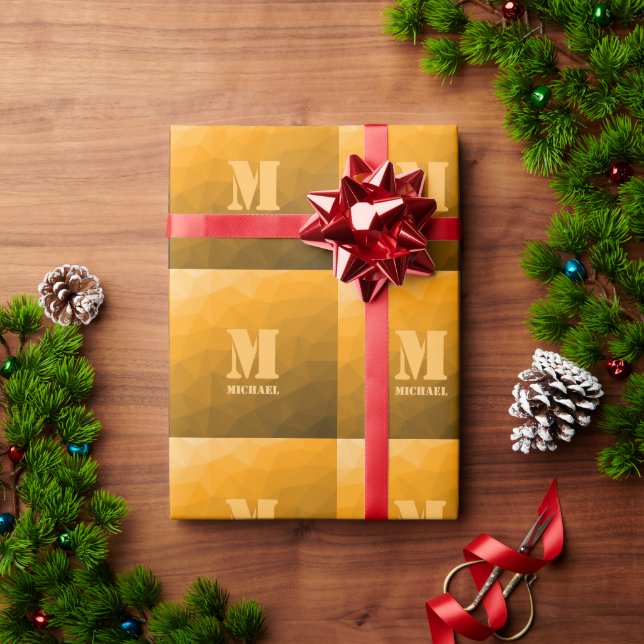 Orange ombre geometric mesh pattern Monogram Wrapping Paper (Holiday Gift)