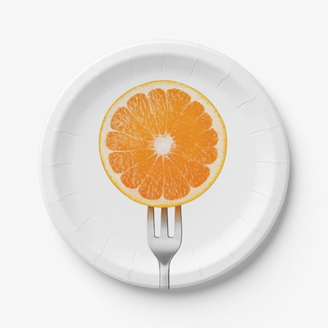 Orange on a fork paper plate (Front)