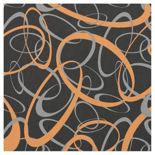 Orange on Black Retro Shapes Pattern Fabric (Close Up)
