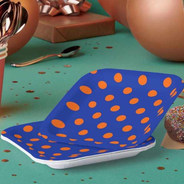 Orange On Blue Polka Dots Pattern Design  Paper Plate (Creator Uploaded)