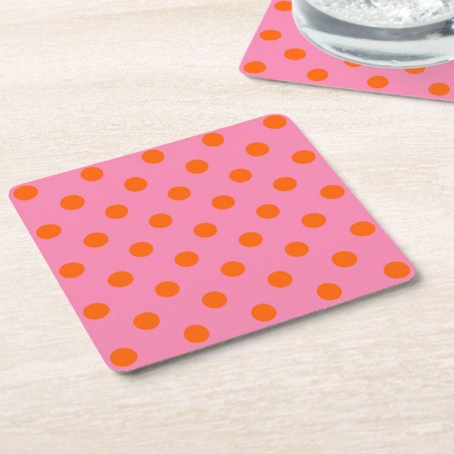 Orange On Pink Polka Dots Pattern Design Square Paper Coaster (Creator Uploaded)