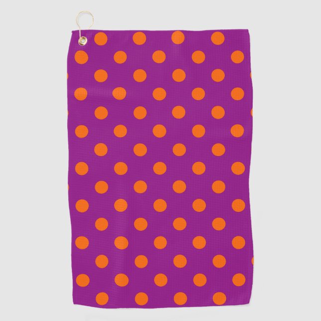 Orange On Purple Polka Dots Pattern Design Golf Towel (Front)