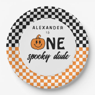 Orange One Spooky Dude Halloween 1st Birthday Paper Plate