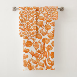 orange orchid floral pattern bath towel set