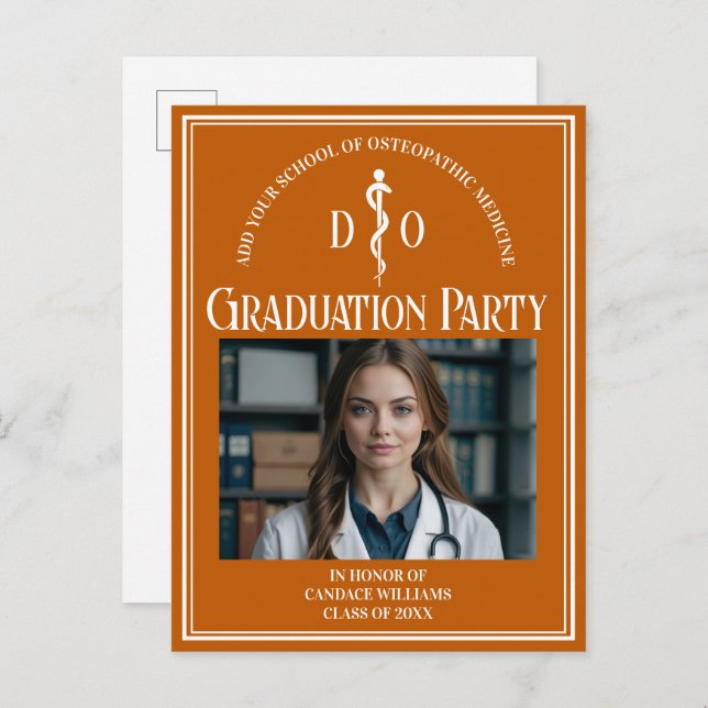 Orange Osteopathic Medical School Graduation Party Invitation Postcard (Front/Back)