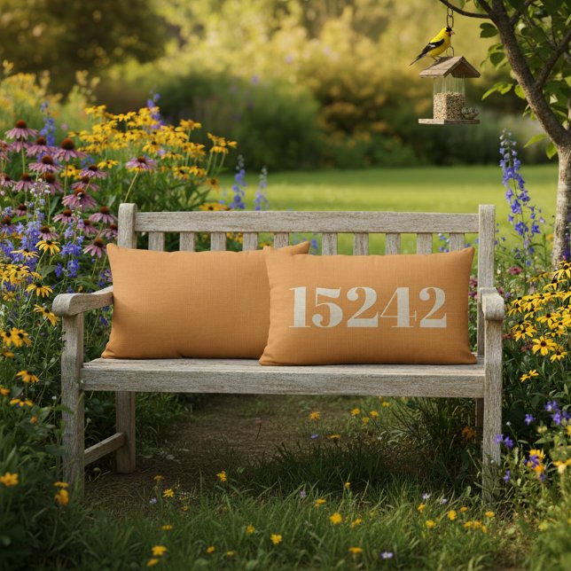Orange Outdoor Pillow with Personalised Zip Code (Orange zip code outdoor pillow. Customize the location to show your own home's zip code.)
