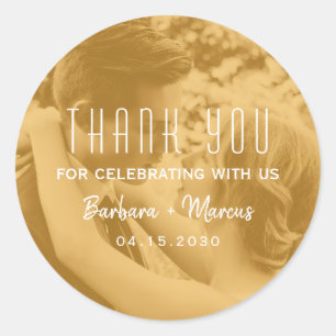 Orange Overlay Photo Wedding Thank You Classic Round Sticker