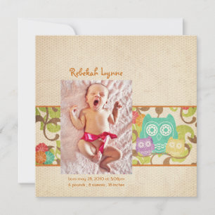 Orange Owl Baby Birth Announcements