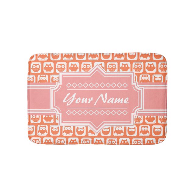 Orange Owl Coral Personalised Name Bath Mat (Front)