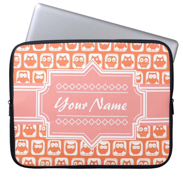 Orange Owl Coral Personalised Name Laptop Sleeve (Front)