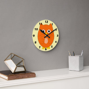 Orange Owl Design Round Clock