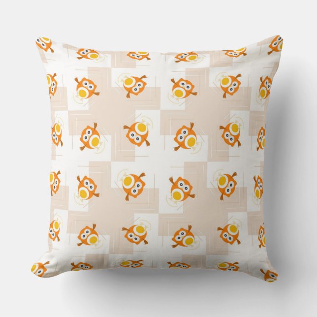 Orange Owl Illustration Pattern Cushion (Front)