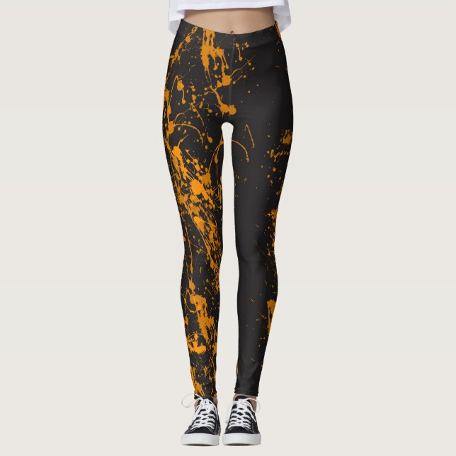 Orange Paint Brush Splatter Leggings (Front)