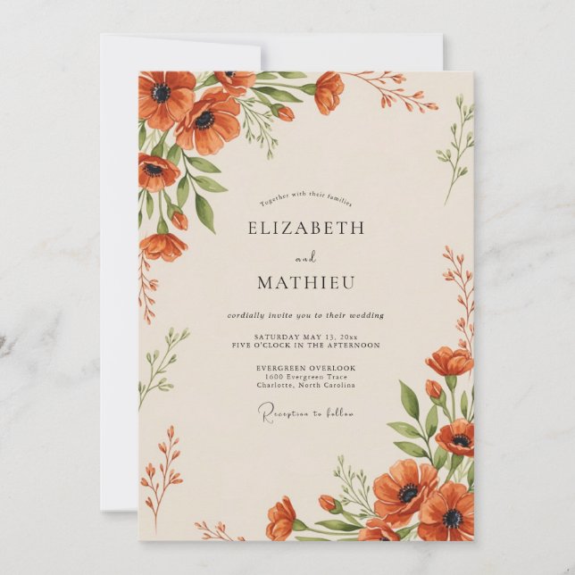 Orange Painterly Botanical Wedding Invitation (Front)