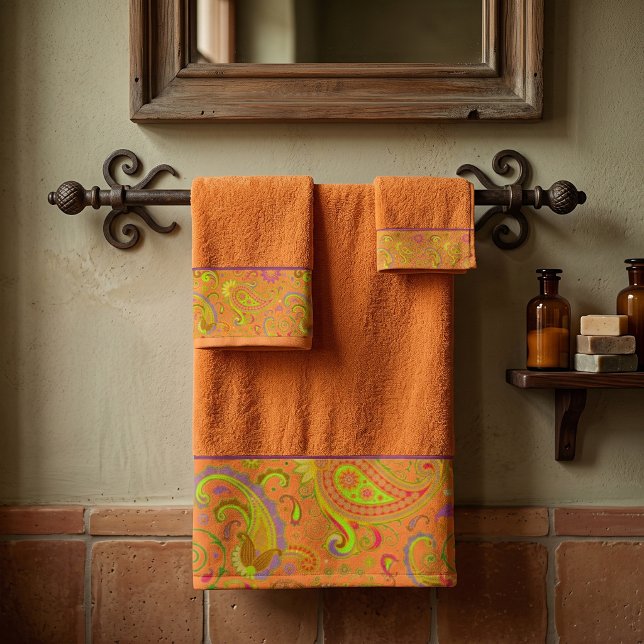 Orange paisley border bath towel set (Creator Uploaded)