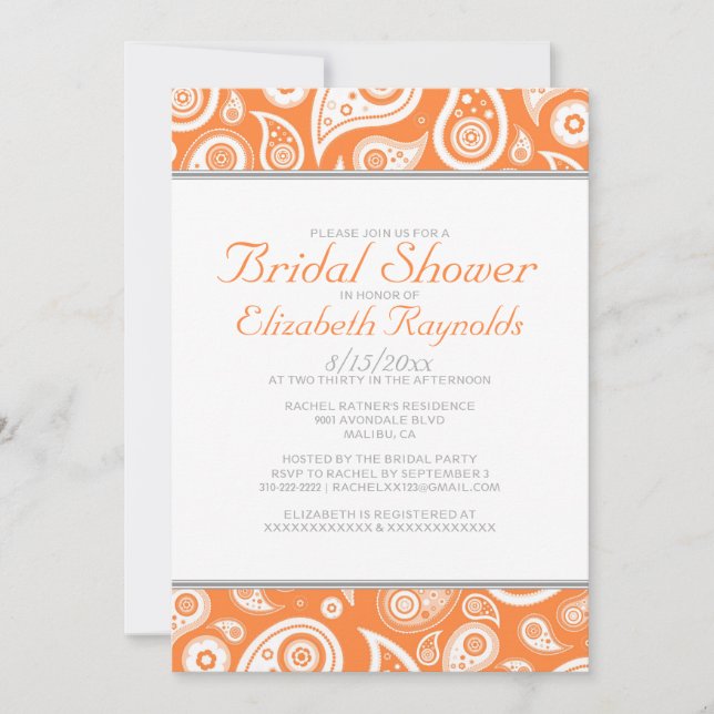Orange Paisley Bridal Shower Invitations (Front)