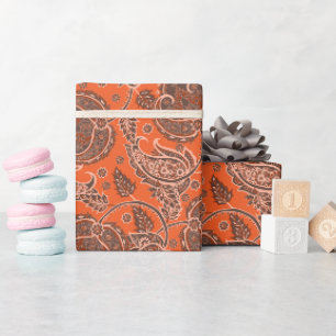 Orange paisley damask floral oriented ethnic wrapping paper