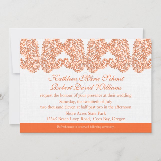Orange Paisley Wedding Invitation (Front)