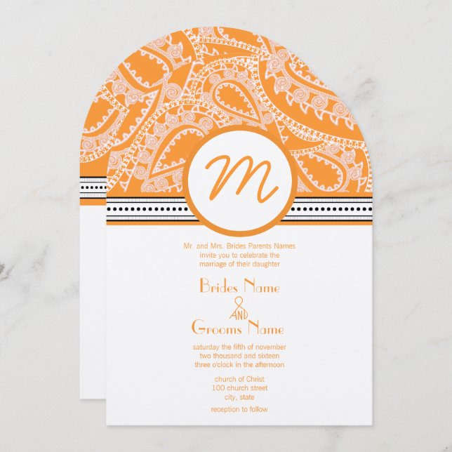 Orange Paisley Wedding Invitation with Dots (Front/Back)
