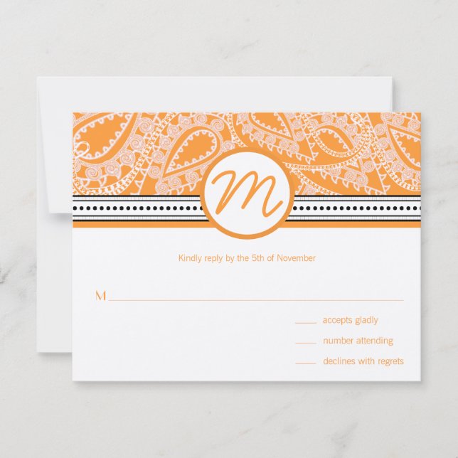 Orange Paisley Wedding RSVP with Dots (Front)