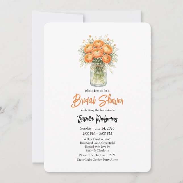 Orange Palette Ranunculus Mason Jar Bridal Shower Invitation (Front)
