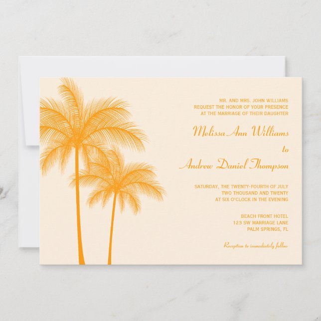 Orange Palm Tree Tropical Wedding Invitation (Front)