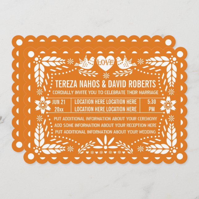 Orange papel picado love birds fiesta wedding invitation (Front/Back)