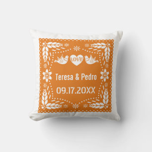 Orange papel picado love birds wedding fiesta cushion