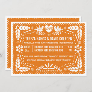 Orange papel picado love birds wedding invitation