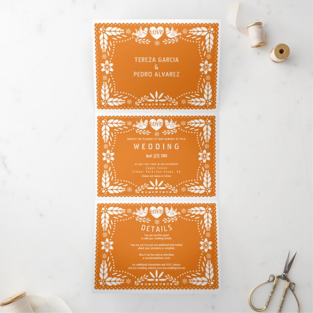 Orange papel picado love birds wedding Tri-Fold invitation (Inside)