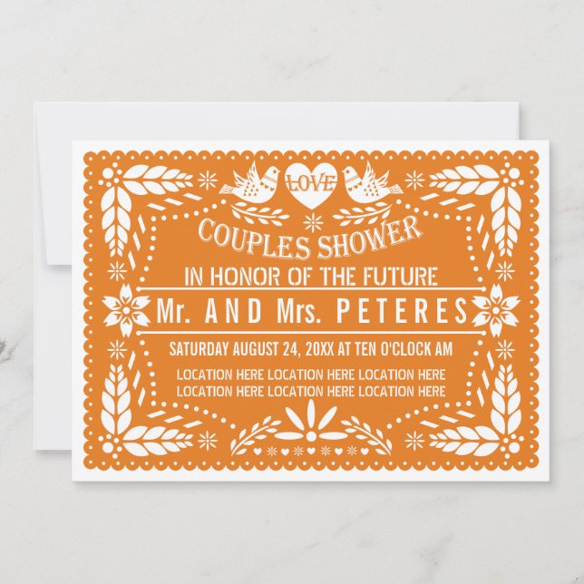 Orange papel picado wedding couples shower invitation (Front)