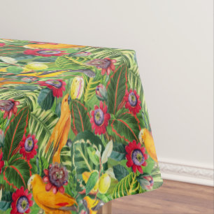 Orange Parrots in Tropical Flower Jungle Pattern Tablecloth