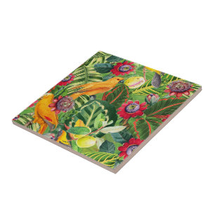 Orange Parrots in Tropical Flower Jungle Pattern Tile