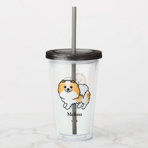 Orange Parti-Colour Pomeranian Cartoon Dog & Name Acrylic Tumbler