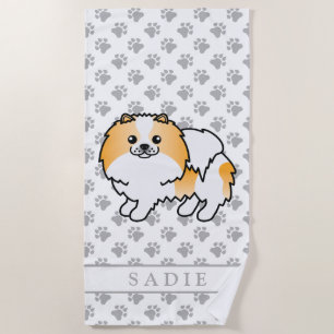 Orange Parti-Colour Pomeranian Cartoon Dog & Name Beach Towel