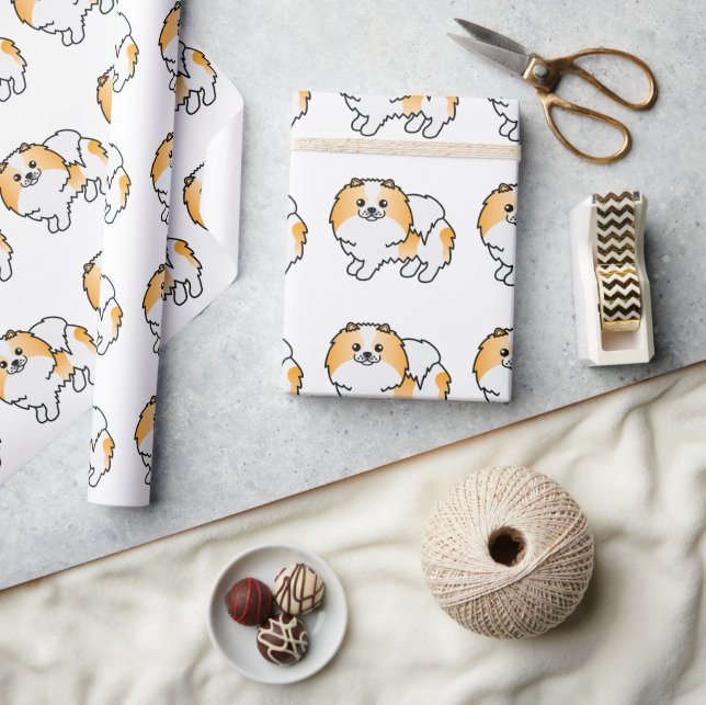 Orange Parti-Colour Pomeranian Cartoon Dog Pattern Wrapping Paper (Crafts)
