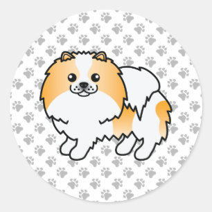 Orange Parti-Colour Pomeranian Cartoon Dog & Paws Classic Round Sticker