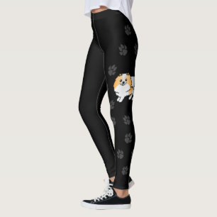 Orange Parti-Colour Pomeranian Cartoon Dog & Paws Leggings
