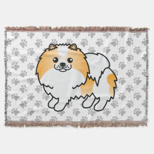 Orange Parti-Colour Pomeranian Cute Dog & Paws Throw Blanket