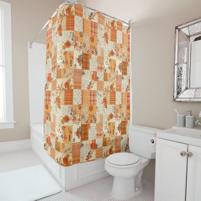 Orange Patchwork Quilt Rustic Floral Retro  Shower Curtain (In Situ)