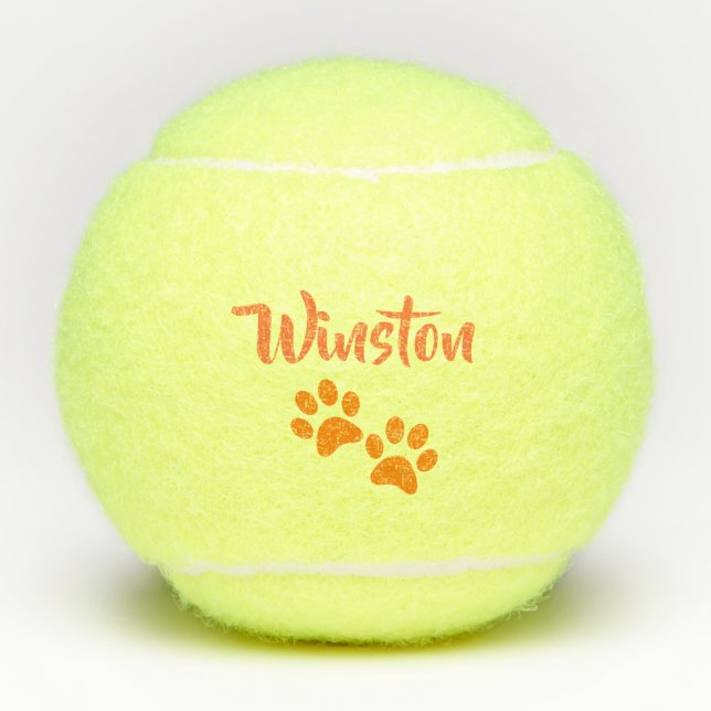 Orange Paw Print Personalised Pet or Dog Name Toy Tennis Balls (Front)