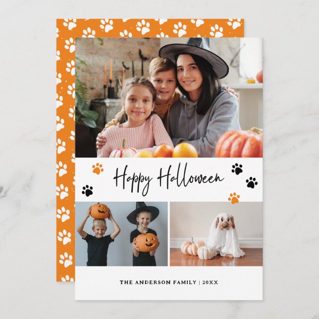 Orange Paw Print Pet Photo Happy Halloween Card (Front/Back)