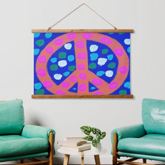 Orange Peace Sign on Blue Hanging Tapestry (Living Room)
