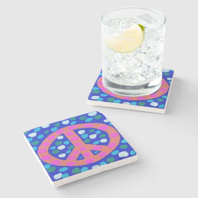 Orange Peace Sign on Blue Stone Coaster (Side)